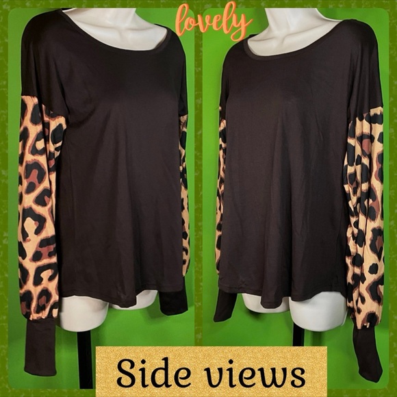 M NWT LOVEU.DEAR DARK CHOCOLATE BROWN TUNIC W CONTRASTING ANIMAL PRINT SLEEVES - Picture 3 of 12